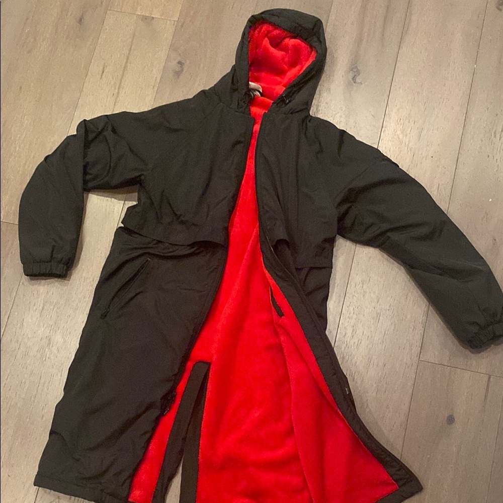 Black Hooded Women's Coat with Red Fleece Lining